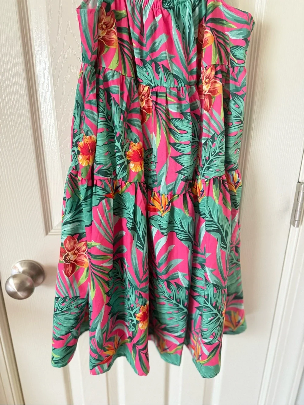SHEIN Girls Size 8Y Tropical Floral Tiered Sundress Pink Green Tie Strap